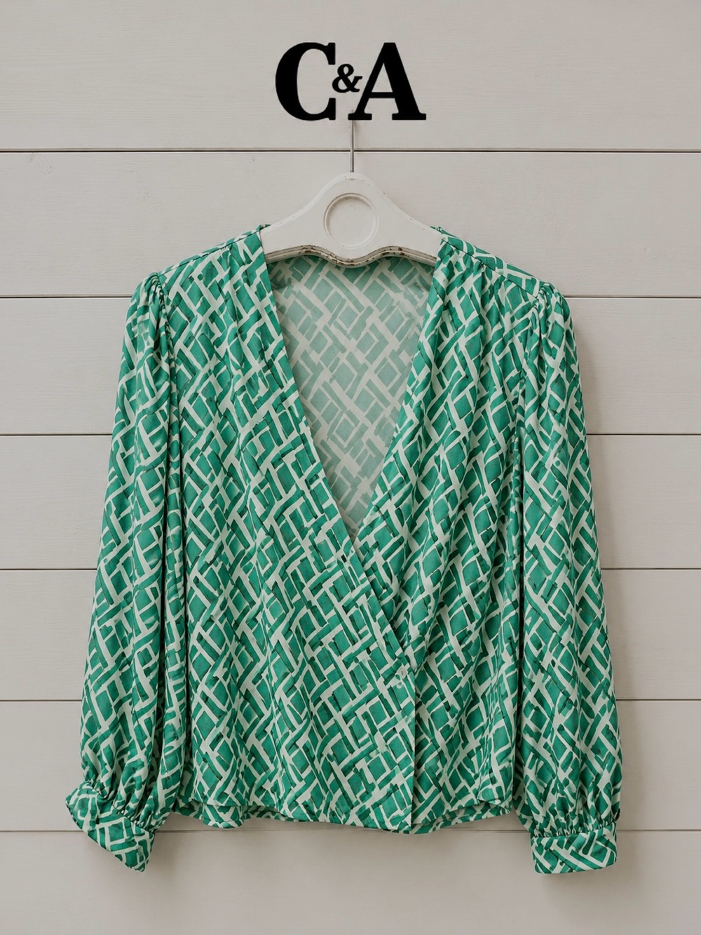 C&A Green Geometric Wrap Blouse Size M